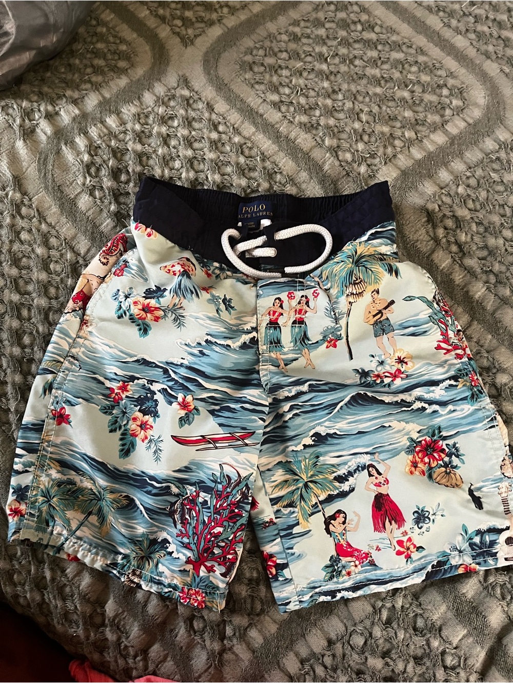 Polo by Ralph Lauren Navy & Aqua Hawaiian Print Swim Shorts Size 6 boys